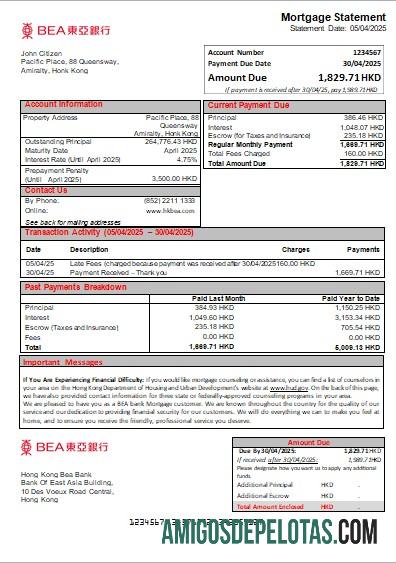 Declaração de hipoteca do Banco BEA de Hong Kong amostra